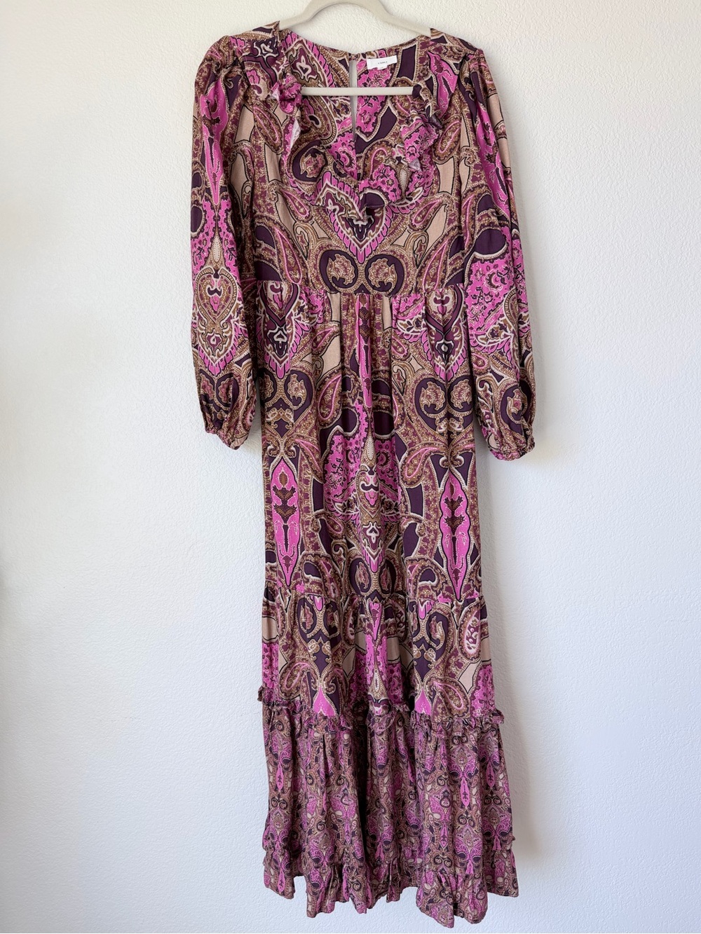 A Loves A Paisley Linen Blend Boho Ruffle Maxi Dress Pink Brown S